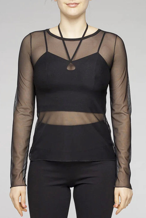 Landon Top by Kollontai, Black, mesh top, round neck, long sleeves, sizes XS to XL ,made in Montreal