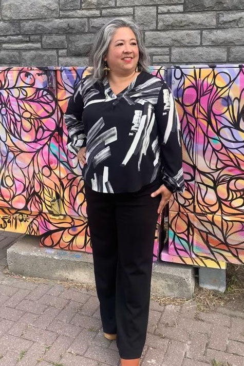 Laurel Woven Long Sleeve Top by Compli K, B&W Brushstrokes, v-neck, placket, long sleeves with gathered cuffs, rounded hem, sizes XS to XXL, made in Canada