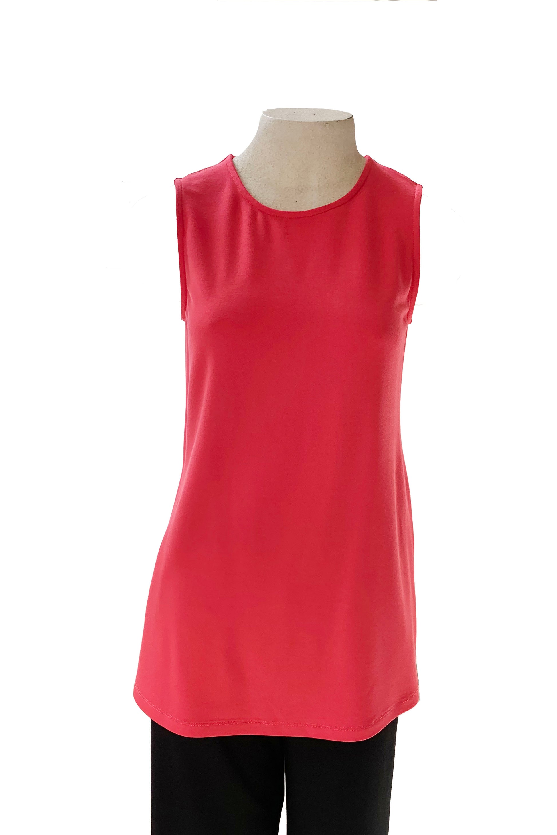Miriam Tank Top by Compli K, Lipstick, wide straps, high and round neckline, below the hip length, eco-fabric, bamboo and viscose, sizes XS to XXL, made in Montreal 