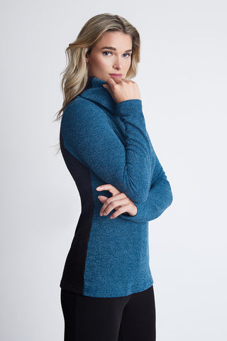 Alba Top by Dinh Ba, Blue, turtleneck, colour blocked, blue front and sleeves, black back, sizes XS to XL, made in Montreal