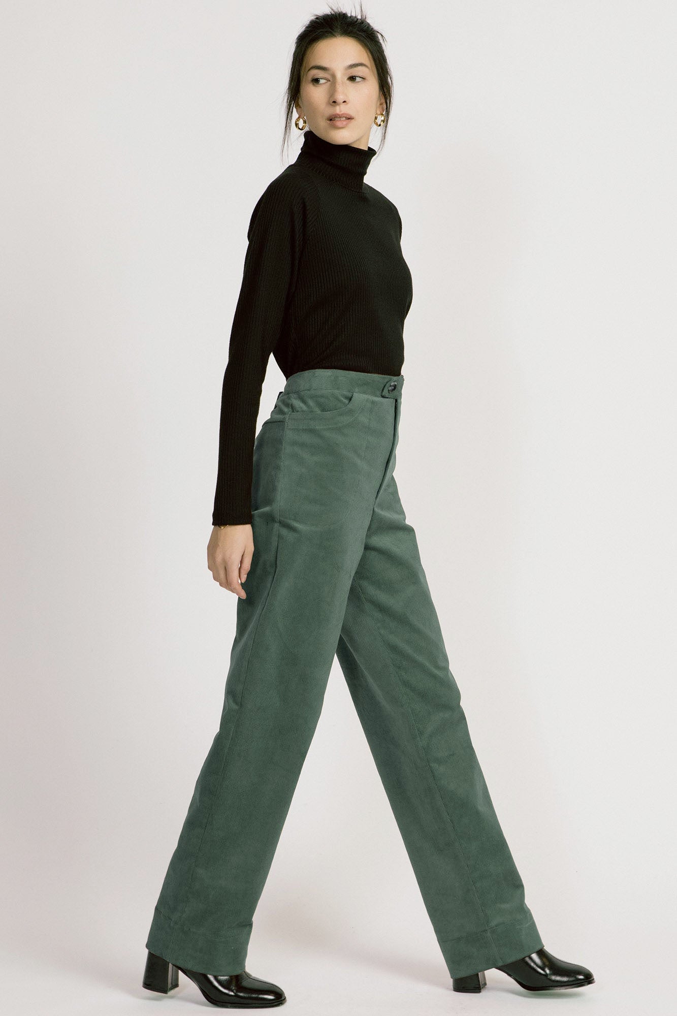 Lydia Pant by Allison Wonderland, Pine, side view, corduroy, high-waisted, fly front, front pockets, barrel leg with deep hem, sizes 2-12, made in Vancouver