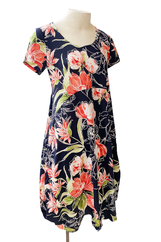 Maddy Dress by Compli K, Navy Floral, short sleeves, round neck, arched seams across the bodice, rounded hem, below the knee, sizes XS to XXL, made in Montreal 