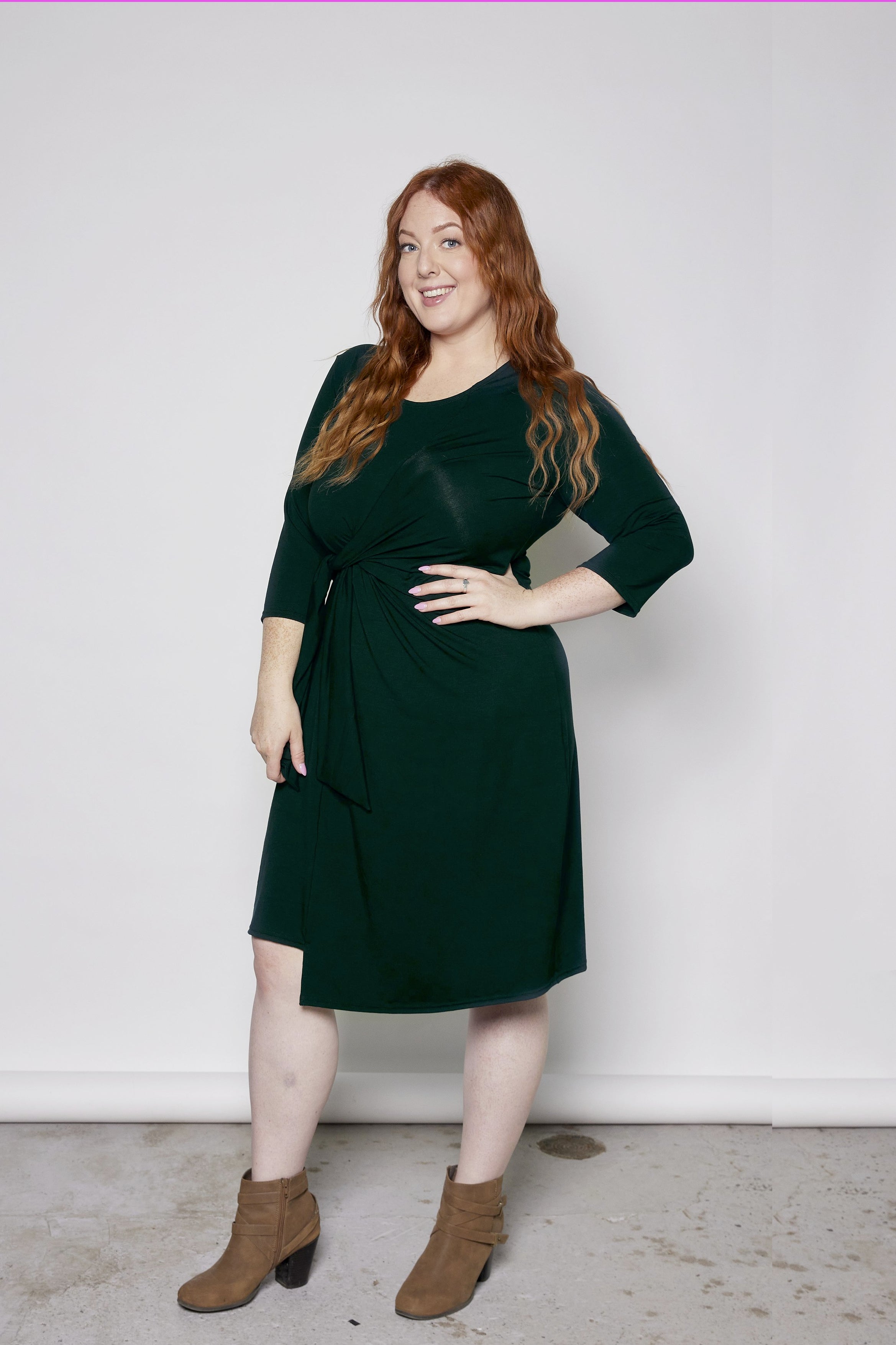 Mariela Dress by Tangente, Evergreen, asymmetrical, draping at waist, built-in ties, 3/4 sleeve, anti-pill jersey, sizes XS to XXL, made in Ottawa