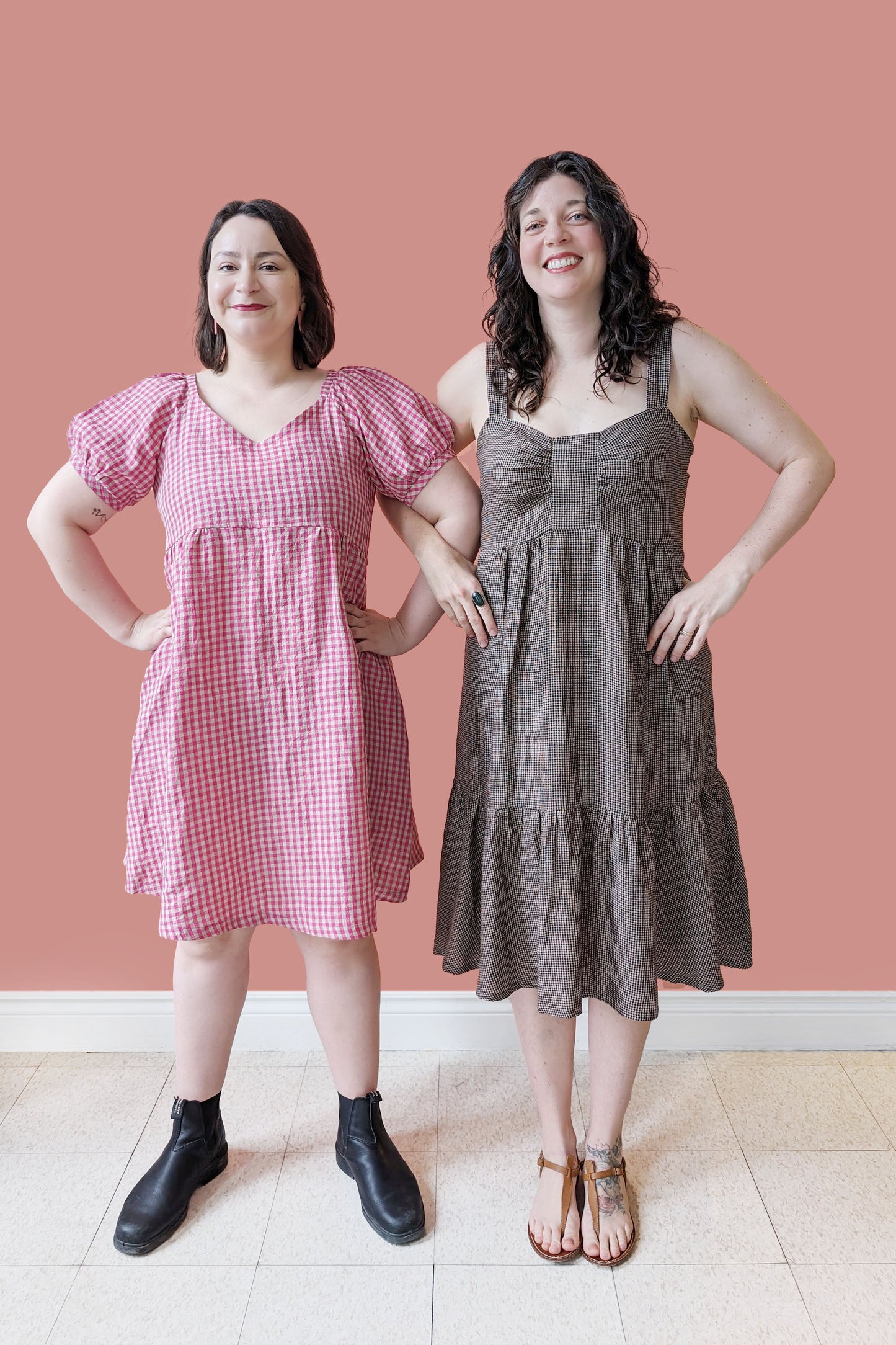 Calista Dress by Allison Wonderland, Black//Mocha Gingham, wide straps, sweetheart neckline, gathers at bust and waist, ruffled hem, pockets, 100% linen, sizes 2-12, made in Vancouver