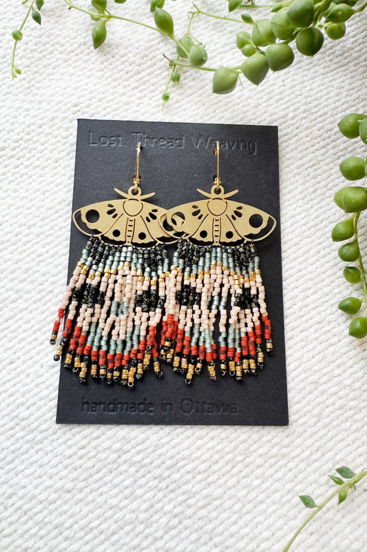 Moth beaded fringe earrings