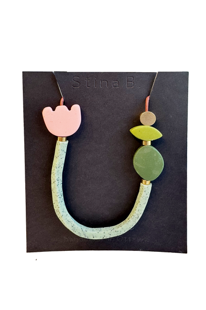 Light Pink/Speckled Sage/ Green - Abstract Polymer Clay & Brass Necklace