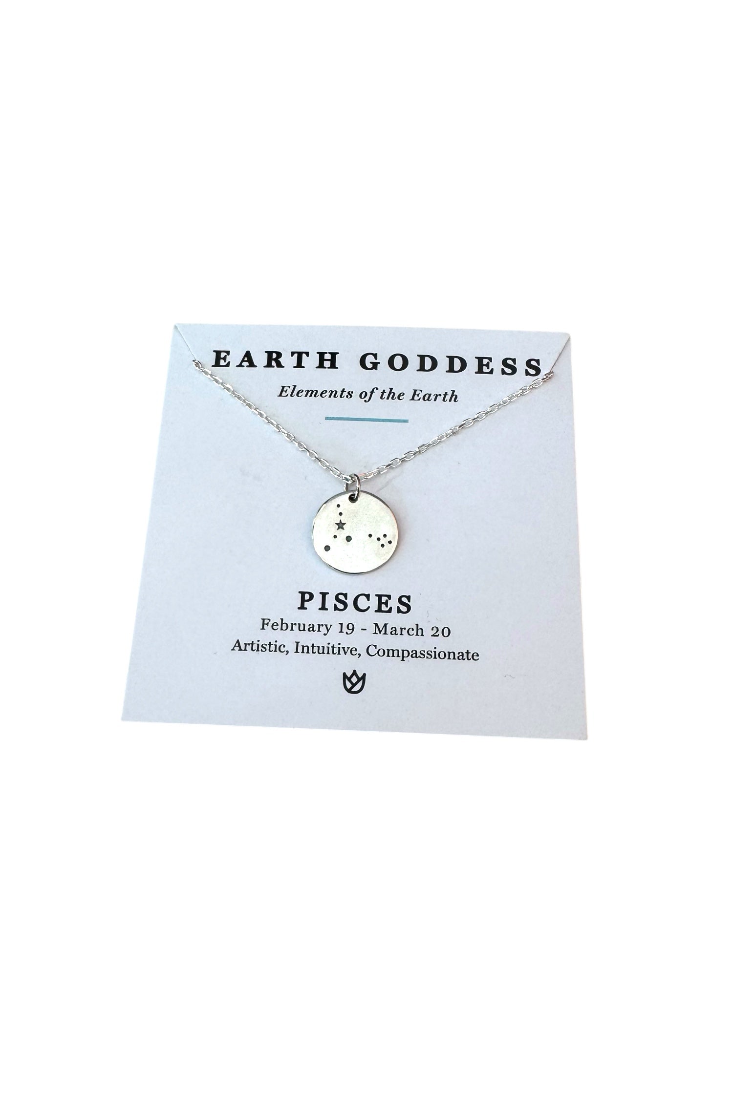 Pisces zodia Necklace with pendant on a 'Earth Goddess' branded card