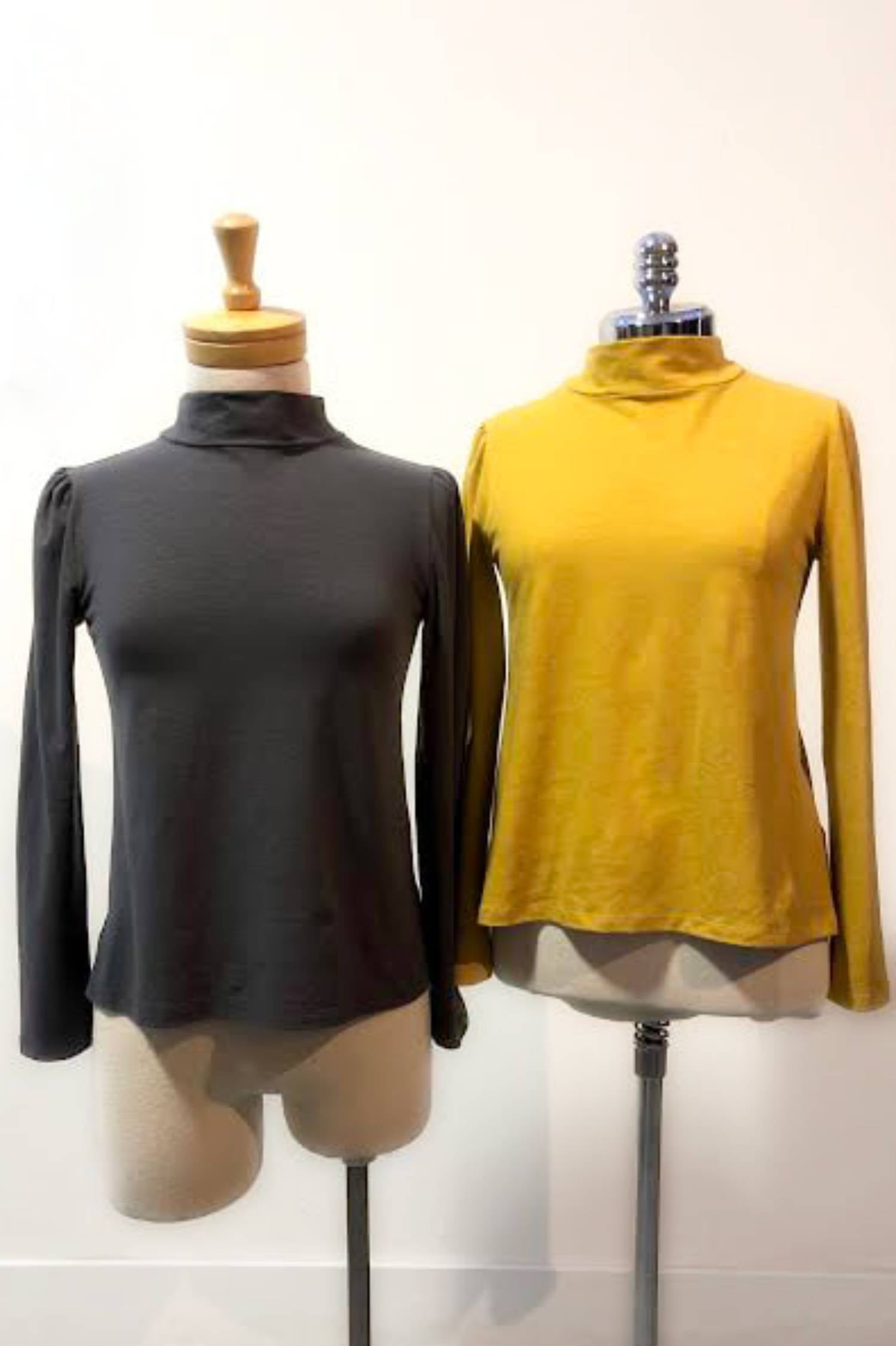 Logan Top by Ramonalisa, Mustard, Charcoal, front view, mock turtleneck, puffed sleeves, hemp/organic cotton, sizes XS to XL, made in Montreal 