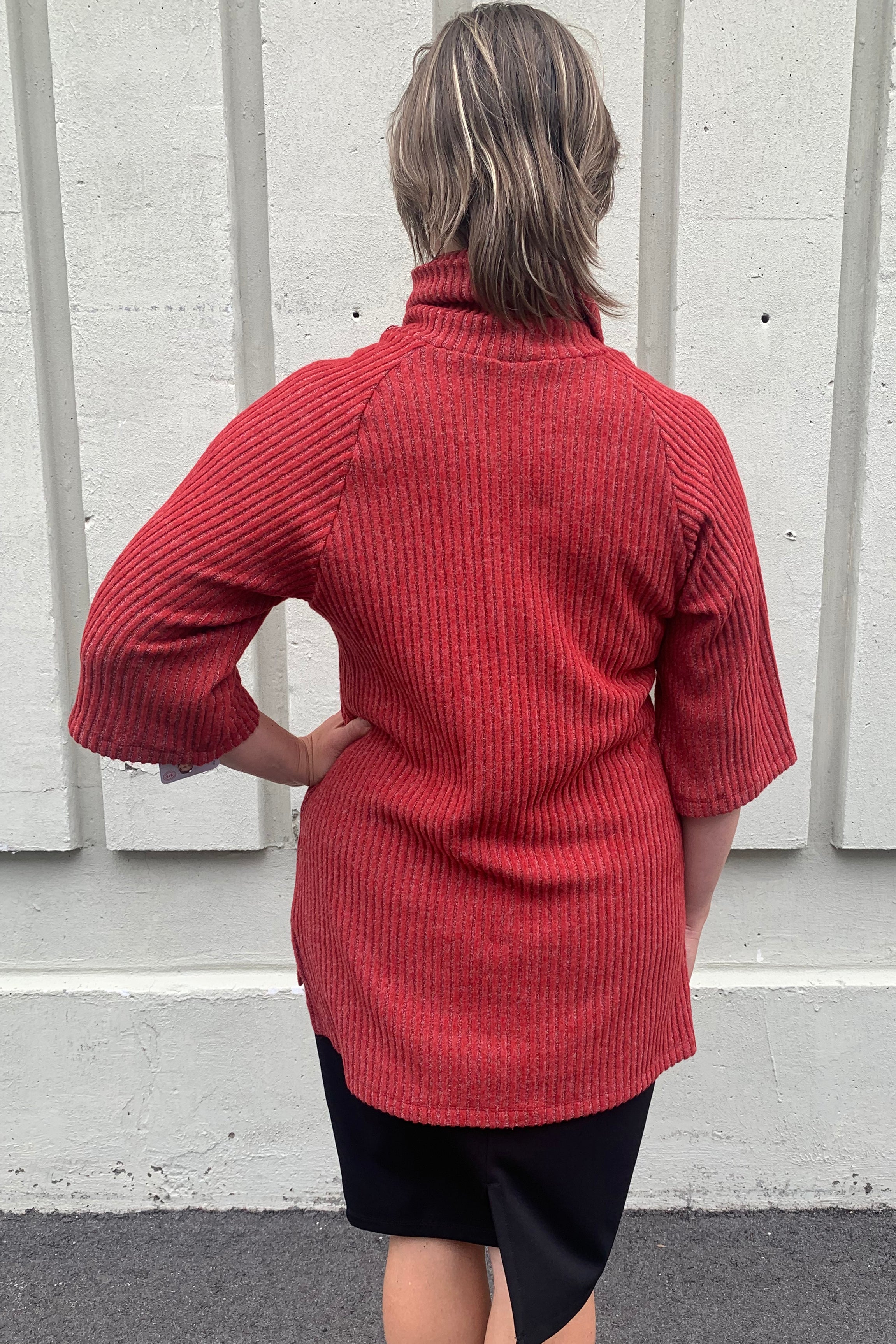 Rib Tunic by Luc Fontaine, Red, back view, cowl neck, wide 3/4 sleeves, hi-low hemline, side slits, sizes 4-16, made in Canada