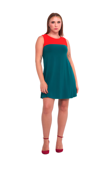 Agitee Tunic by Slak, Turquoise with coral contrast panel, sleeveless, high neck, slight trapeze shape, mid-thigh length, eco-fabric, bamboo, sizes XS to XL, made in Montreal 