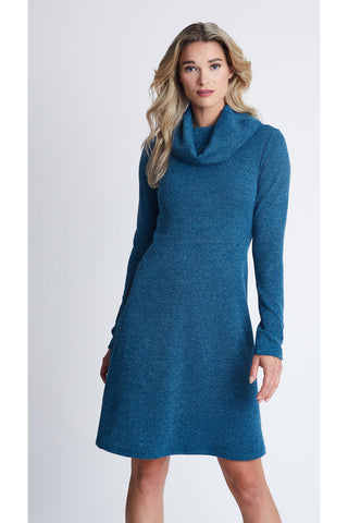 Zoe Dress by Dinh Ba, Blue, cozy knit, cowl neck, A-line shape, long sleeves, above the knee length, sizes XS to Xl, made in Quebec
