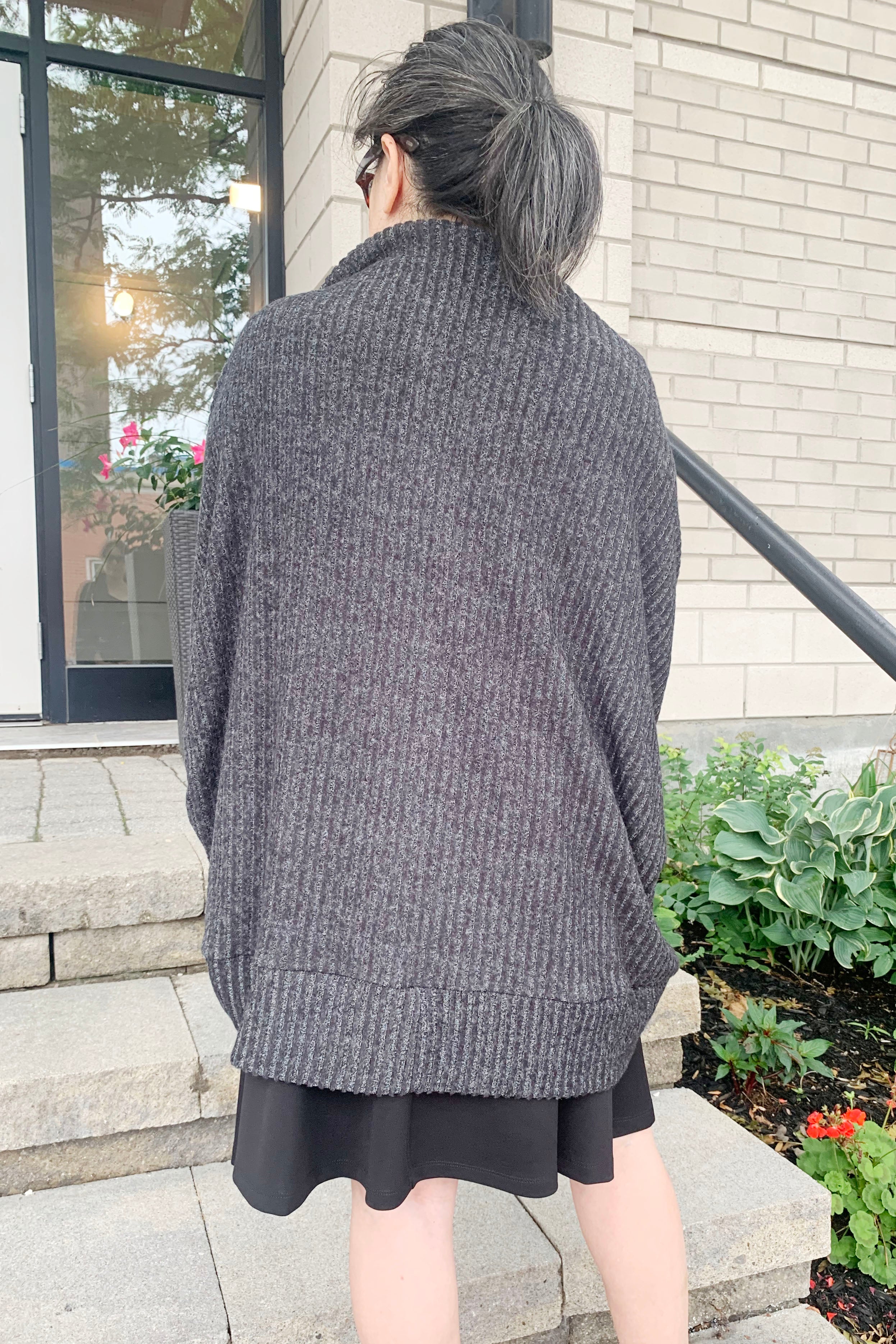 Rib Shrug by Luc Fontaine, Grey, back view, knit, ribbed cuffs, sizes 4-16, made in Canada