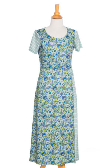 Dalida Dress by Rien ne se Perd, Mint, contrasting stripe and paisley fabrics, short sleeves, round neck, adjustable waist with drawstring, 7/8 length, side pockets, side slit, sizes XS to XXL, made in Quebec