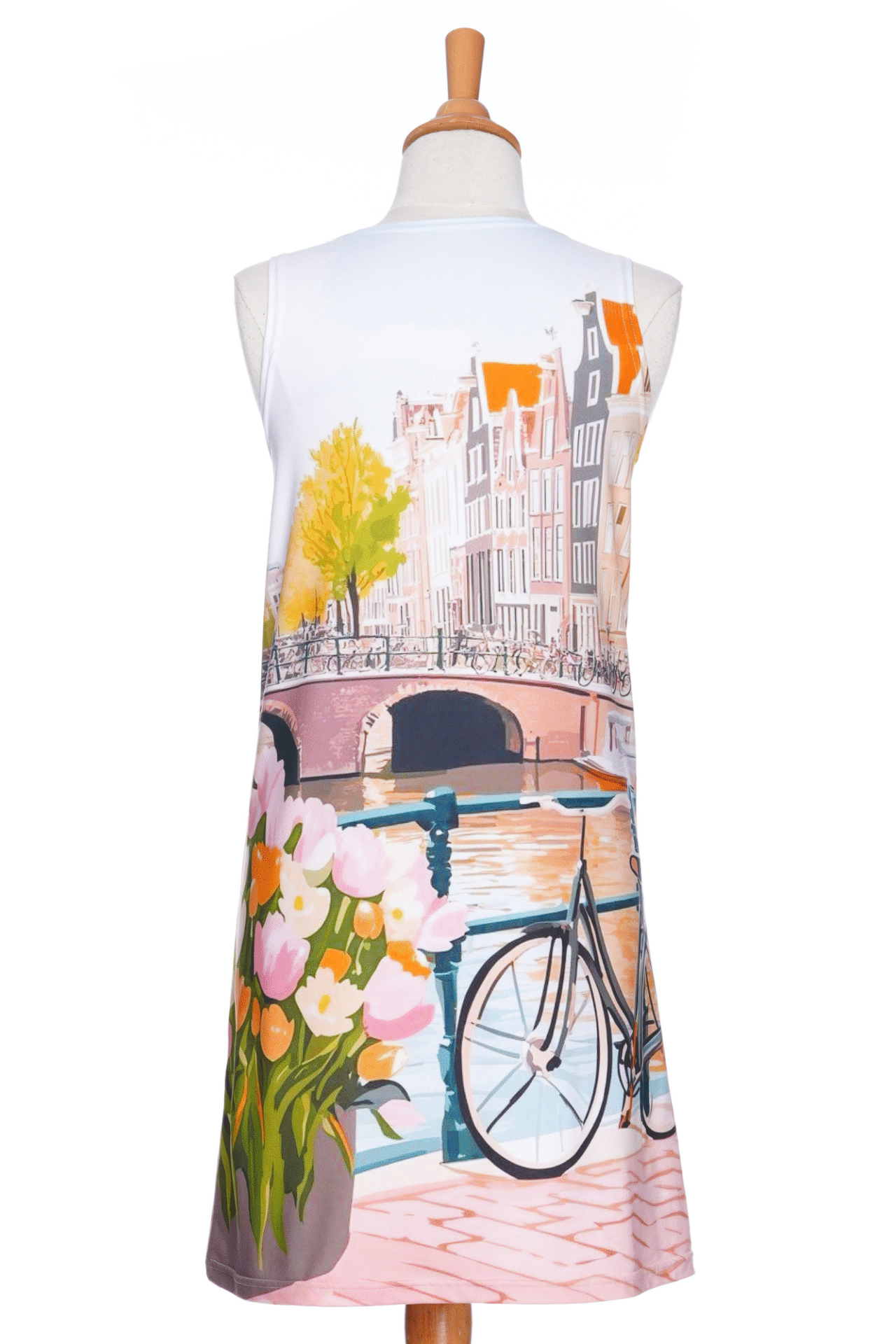 A back view of the Limoncello Dress by RNSP, a sleeveless above the knee dress with an Amstersdam landscape scene print, is shown on a mannequin in front of a white background. 