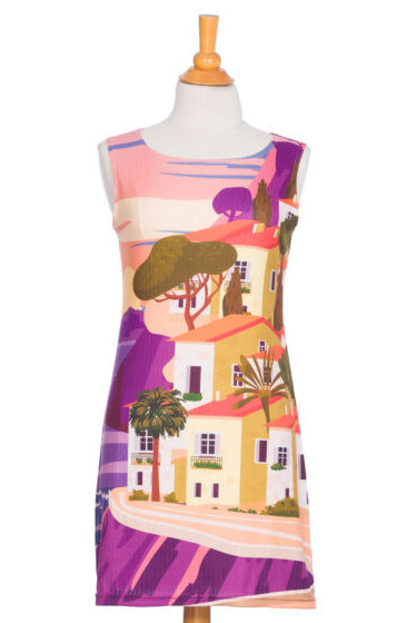 Nina Dress by Rien ne se Perd, Positano, sleeveless, semi-fitted, straight cut, print inspired by the Italian city of Positano, rib knit fabric, sizes XS to XXL, made in Quebec