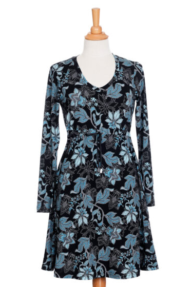 The Riopelle Dress by Rien ne se Perd in a Black/Turquoise print is shown on a mannequin in front of a white background