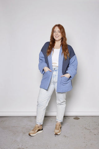 Ruby Coatigan by Tangente, Double Denim, loose fit, part coat part cardigan, two-tone, large pockets, cuffed sleeves, sizes XS to XXL, made in Ottawa