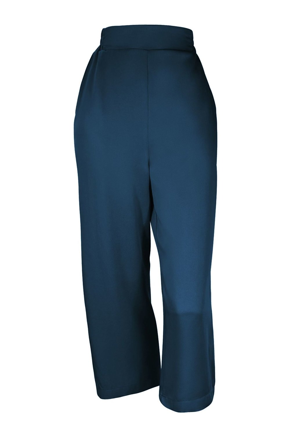 Helene Pants by Melow, Peacock Blue, 7/8 length, fluid shape, high waist, elastic waist, eco-friendly fabric, lyocell, OEKO-TEX certified, sizes XS to XXL, made in Montreal.