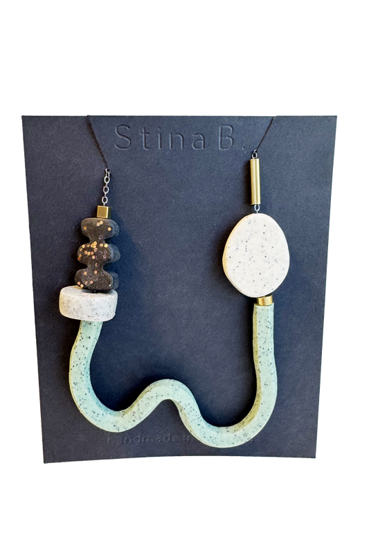 Black/Speckled Sage/ Speckled Concrete/ Speckled cream - Abstract Polymer Clay & Brass Necklace