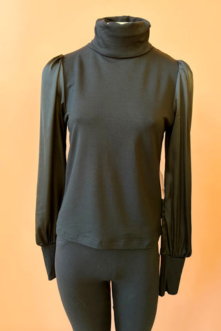 Turtleneck Top by Misstery, Black with Satin Sleeves, high neck, puffed sleeves with gathered cuffs, sizes S to XL, made in Toronto 