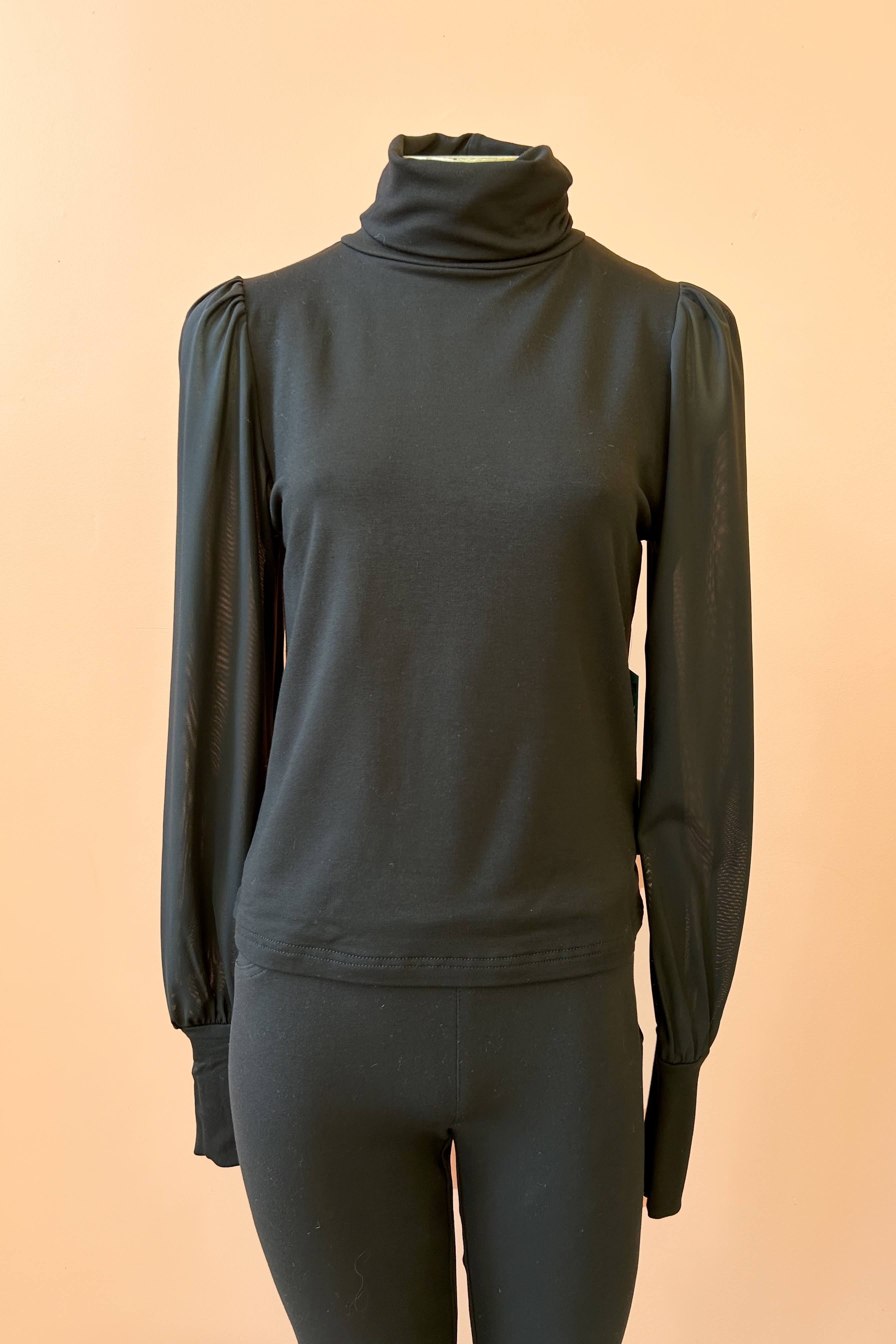 Turtleneck Top by Misstery, Black with Sheer Sleeves, high neck, puffed sleeves with gathered cuffs, sizes S to XL, made in Toronto 