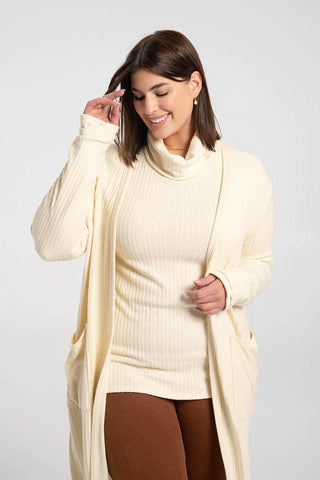Sinatra Long Cardigan by Kollontai, Cream, textured knit, long sleeves, large patch pockets, sizes 4-16, made in Montreal