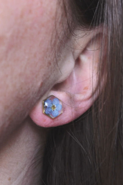 Pressed Flower Hexagon Stud Earrings