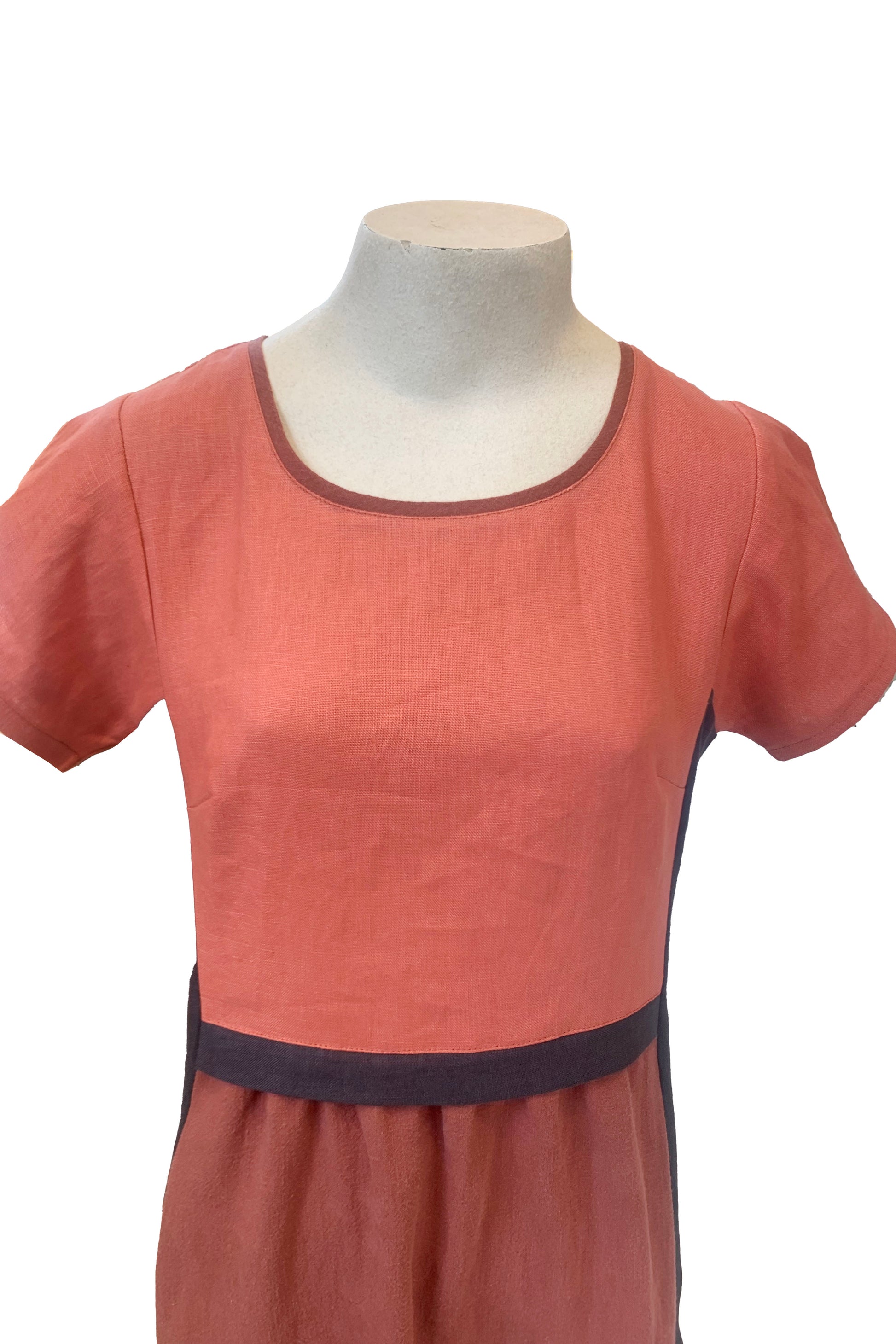 Alexis Dress by Solomia, Orange/Brown, round neck, short sleeves, above the knee length, colour-blocked, darts at bust, gathers at waist and sides, pockets on front seams, eco-fabric, 100% linen, sizes S to XL, made in Carleton Place