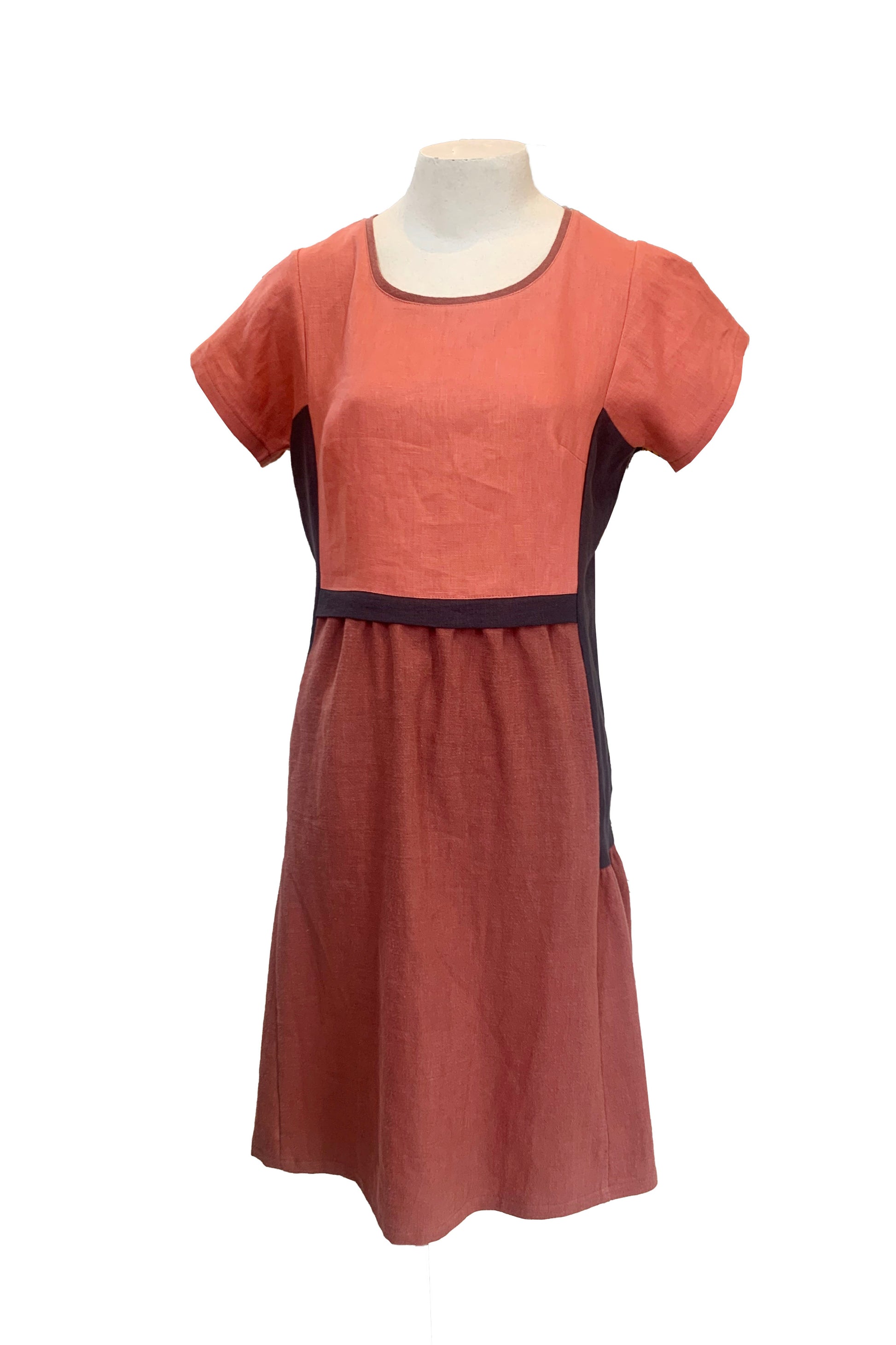 Alexis Dress by Solomia, Orange/Brown, round neck, short sleeves, above the knee length, colour-blocked, darts at bust, gathers at waist and sides, pockets on front seams, eco-fabric, 100% linen, sizes S to XL, made in Carleton Place