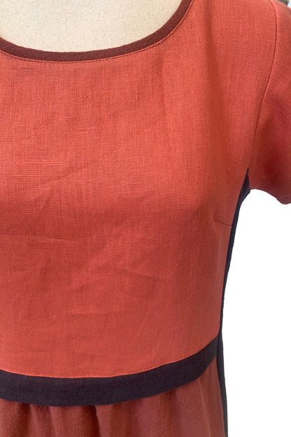 Alexis Dress by Solomia, Orange/Brown, round neck, short sleeves, above the knee length, colour-blocked, darts at bust, gathers at waist and sides, pockets on front seams, eco-fabric, 100% linen, sizes S to XL, made in Carleton Place