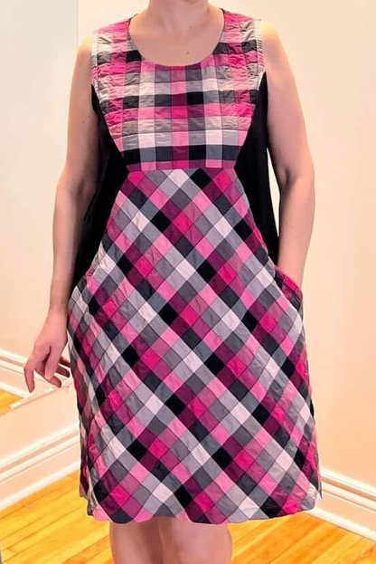 Amanda Dress by Solomia, Pink/White/Black, plaid, sleeveless, round neck, contrasting black panels at the sides, above the knee, sizes XS to L, made in Carleton Place