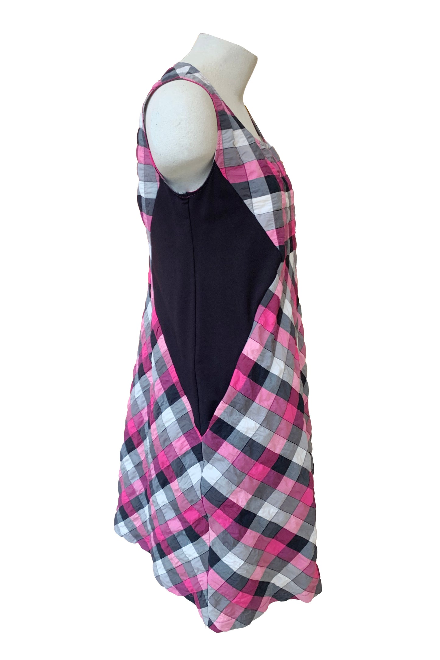 Amanda Dress by Solomia, Pink/White/Black, plaid, sleeveless, round neck, contrasting black panels at the sides, above the knee, sizes XS to L, made in Carleton Place