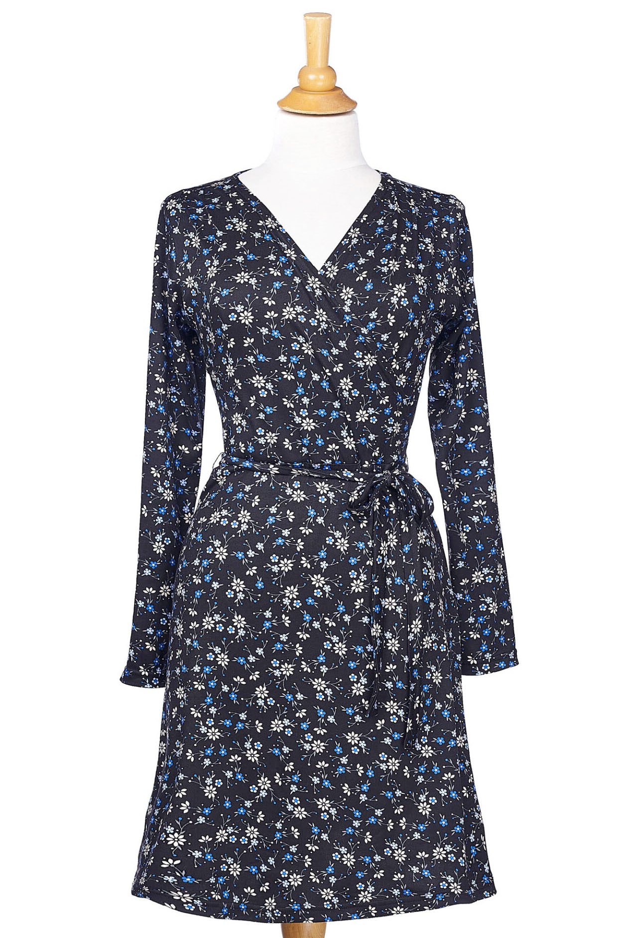 Ste-Anne Dress by Rien ne se Perd, Blue, floral, faux-wrap dress, tie belt, pleats at shoulders, fit and flare, sizes XS to XXL, made in Quebec