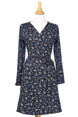 Ste-Anne Dress by Rien ne se Perd, Blue, floral, faux-wrap dress, tie belt, pleats at shoulders, fit and flare, sizes XS to XXL, made in Quebec