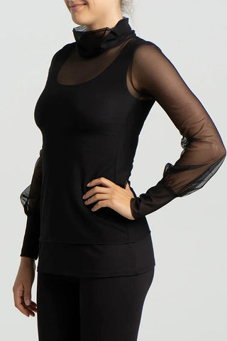 Stevie Top by Kollontai, Black, mesh turtleneck, long puffed sleeves with gathered cuffs, sizes XS to XL, made in Montreal