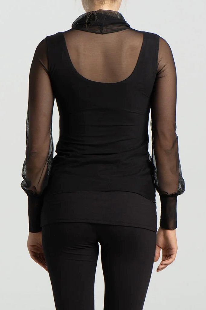 Stevie Top by Kollontai, Black, back view, mesh turtleneck, long puffed sleeves with gathered cuffs, sizes XS to XL, made in Montreal