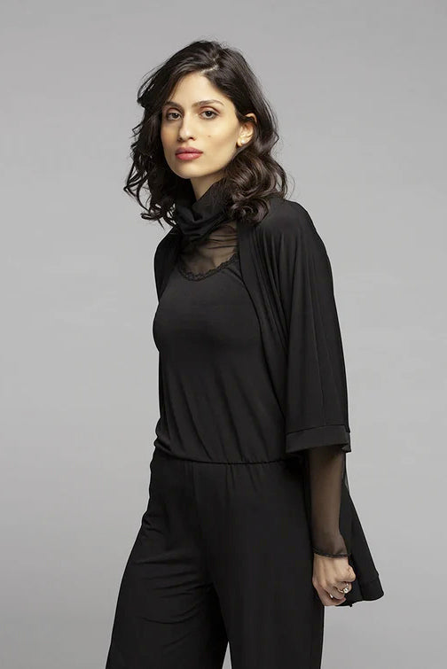Strom Vest by Kollontai, Black, open cardigan, shawl collar, 3/4 sleeves, lightweight, sizes XS to XL, made in Montreal