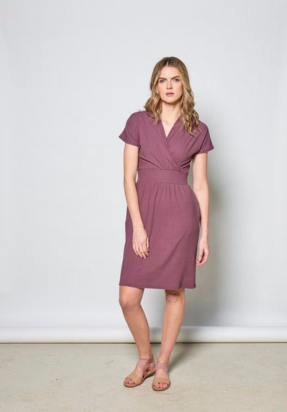 Thea Dress by Tangente, Violet, cross-over neckline, wide waistband, gathered skirt with inseam pockets, short dolman sleeves, above the knee length, eco-fabric, bamboo rayon, sizes XS to XXL, made in Ottawa