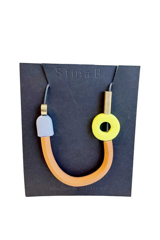 Periwinkle/Terracotta/ Neon Yellow - Abstract Polymer Clay & Brass Necklace