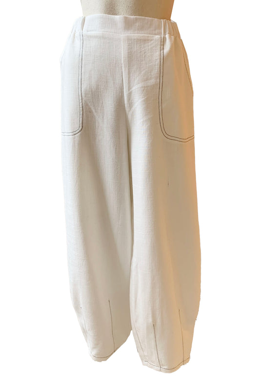 Marina Pants by Compli K, White, waistband has elastic at sides, wide leg tapers at the ankle with darts, cropped, eco-fabric,rayon and linen, sizes XS to XXL, made in Montreal 