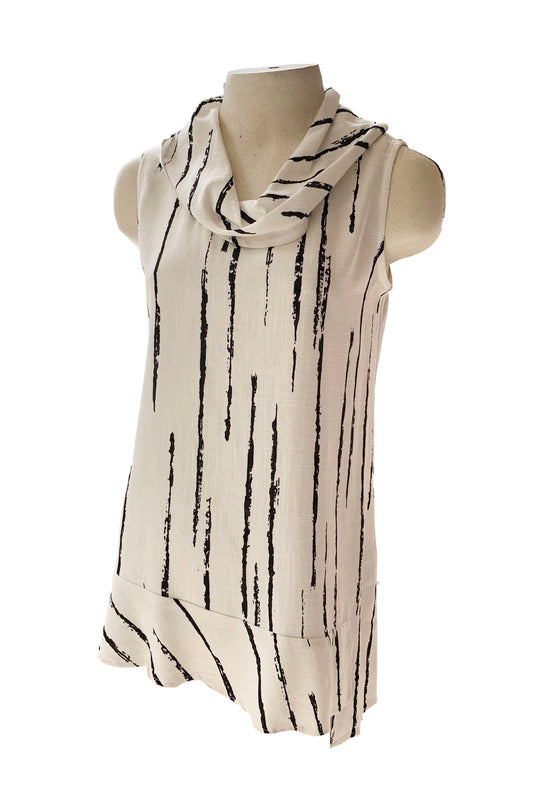 Matilda Top by Compli K, Black and White Stripes, cowl neck, sleeveless, asymmetrical hem, wide band at the bottom, eco-fabric, rayon and linen, sizes XS to XXL, made in Montreal 