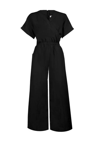 Elka Jumpsuit by Melow, Black, short sleeves, faux-wrap front, elastic waist, capri length, wide legs, side pockets, eco-fabric, OEKO-TEX certified, viscose, linen, sizes XS to XXL, made in Montreal