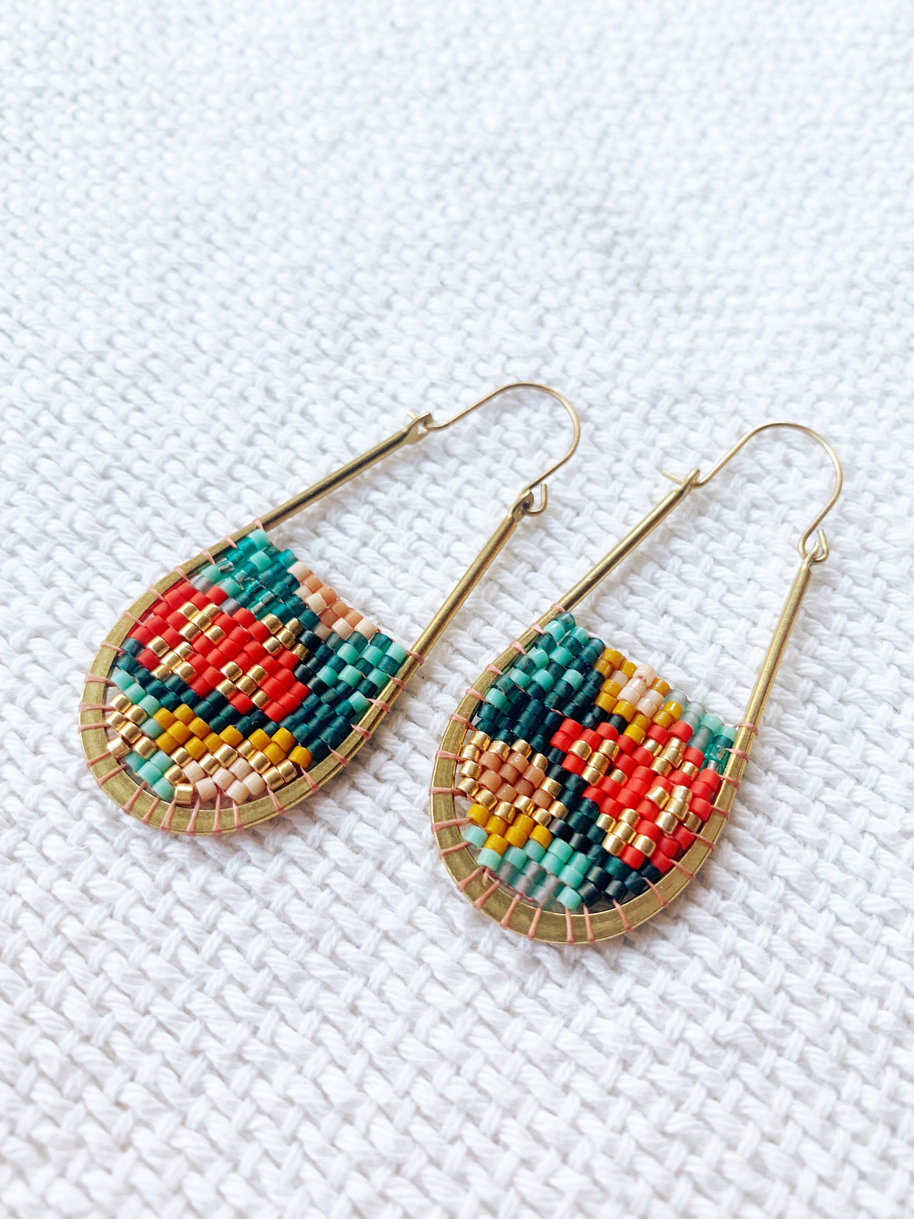 Teal, Red and Mustard oblong hoops