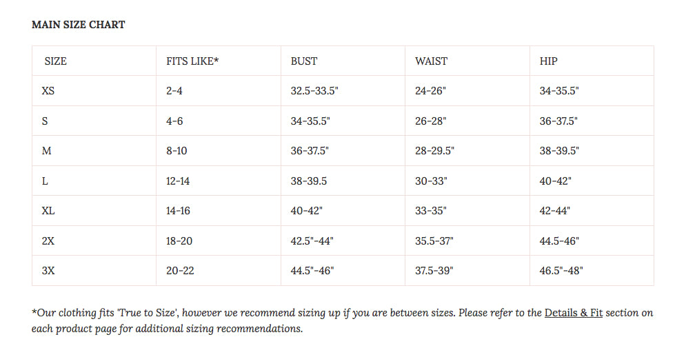 Betty x Bow Size Chart