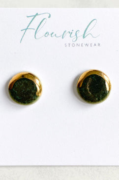 Forest Green and Gold Circle Stud Earrings