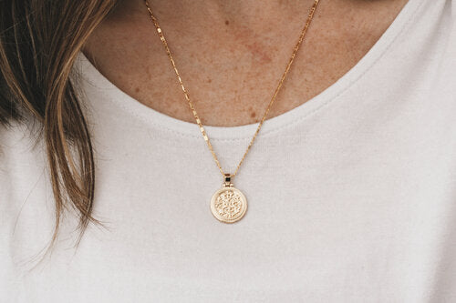 Doubloon Pendant by Katye Landry, Goldfill pendant, 14k Goldfill scroll chain, made in Ottawa