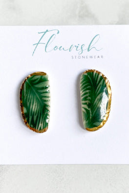 Forest Green and Gold Imprinted Oval Stud Earrings