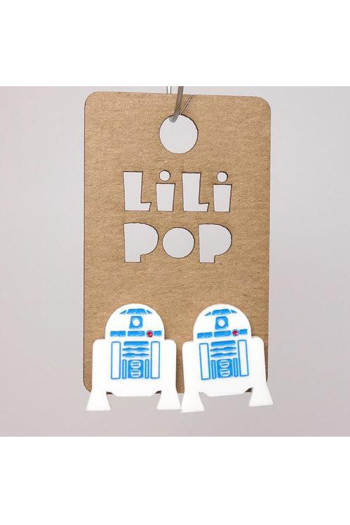 R2-D2 Star Wars Earrings by Creations Lilipop, reclaimed white plastic, engraved, laser-cut, blue and red paint-fill, stainless steel posts and backings, made in Montreal