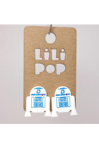 R2-D2 Star Wars Earrings by Creations Lilipop, reclaimed white plastic, engraved, laser-cut, blue and red paint-fill, stainless steel posts and backings, made in Montreal