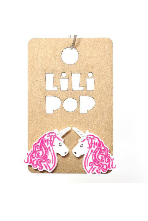 Unicorn Earrings by Creations Lilipop, white reclaimed plastic, engraved, laser-cut, pink and silver paint-fill, stainless steel posts and backings, made in Montreal